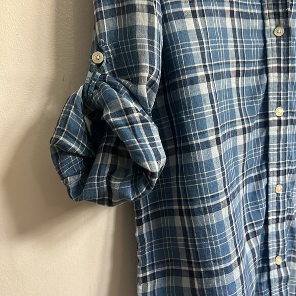 LRL 100% linen women’s Medium blue plaid long sleeve button up shirt, preppy - Picture 10 of 11